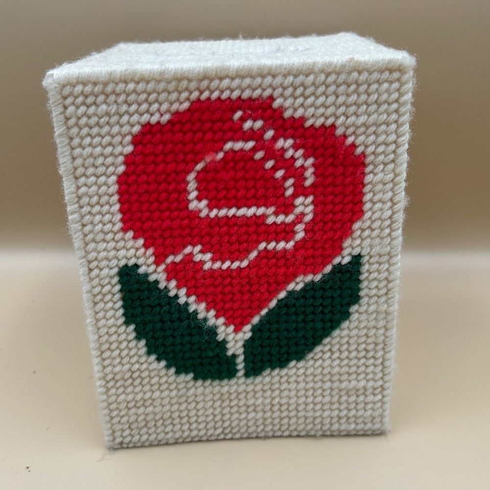 Vintage Handmade Needlepoint Tissue Box Cover Red Rose Initials GCN Cream